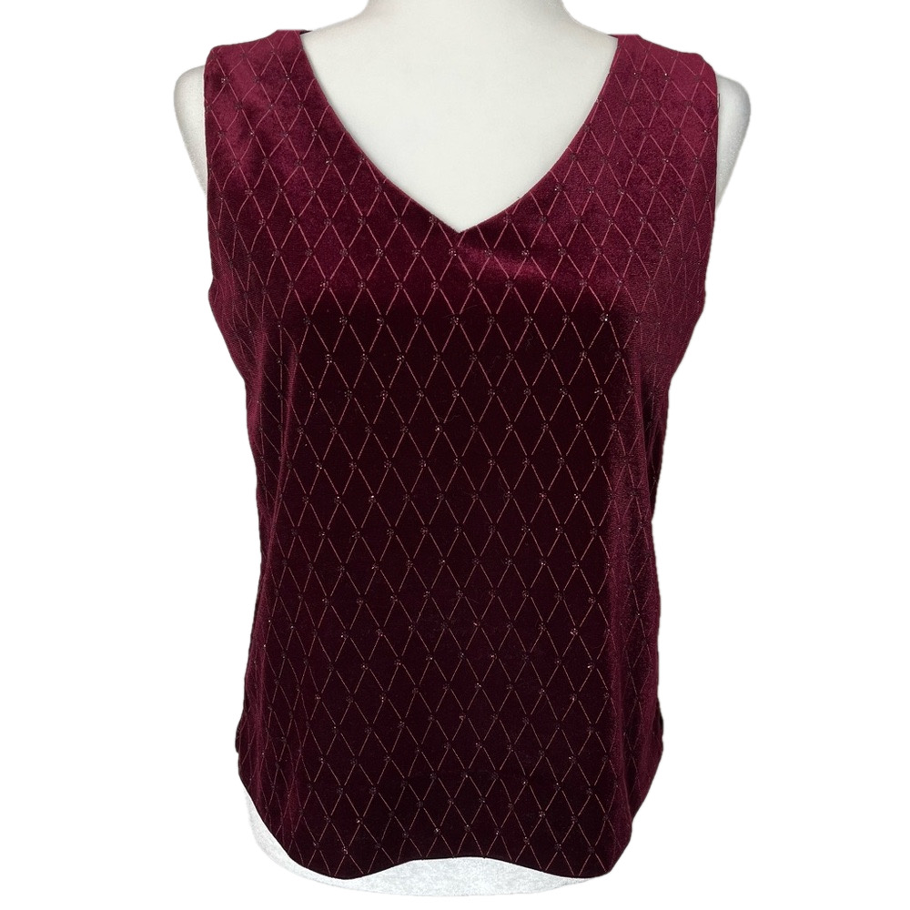 Cleo Petites Stretch Velvet Gold Sparkle Stitched Burgundy V-Neck Tank Top 6